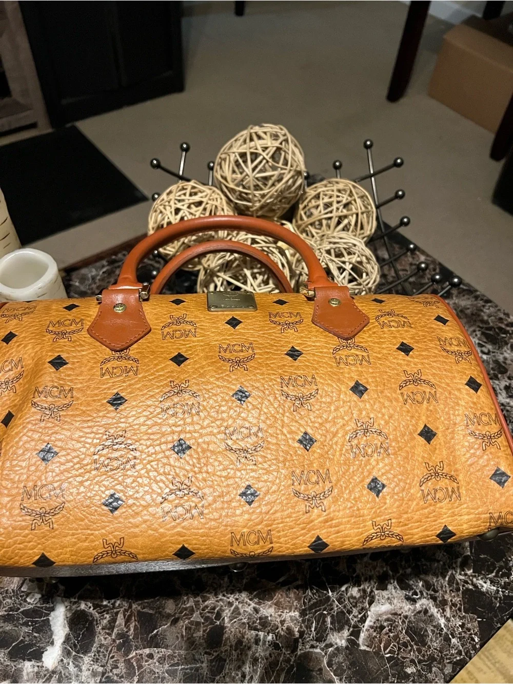 MCM Cognac Visetos Barrel Duffel with Tan Handles like a speedy 35
